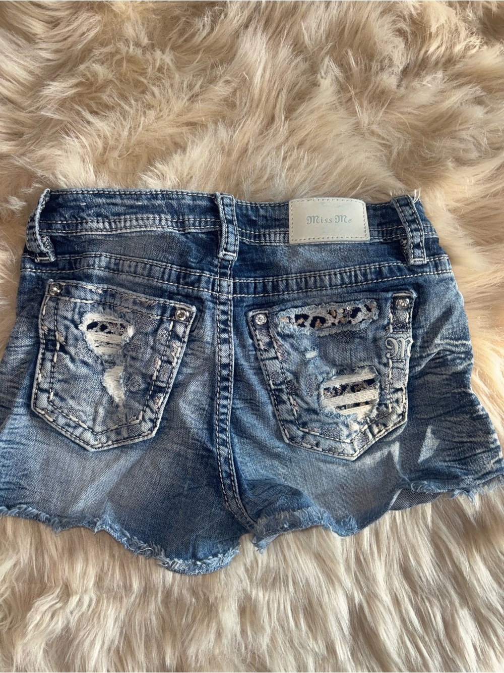 Miss Me Blue Distressed Denim Shorts with Studded Pocket Detail